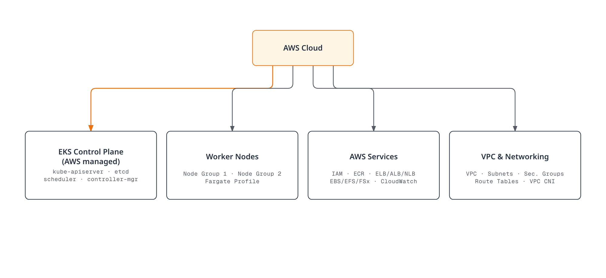 Architecture diagram showing AWS Cloud hosting a managed EKS control plane, customer-operated worker nodes, and the supporting AWS services and VPC networking that the cluster depends on.