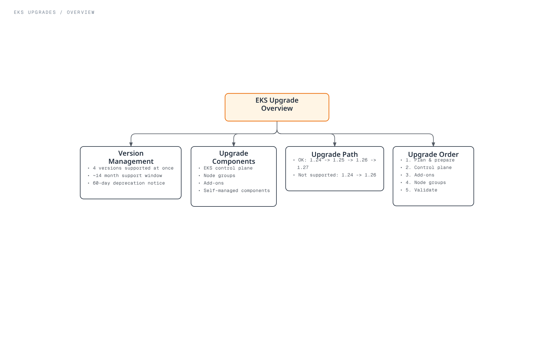 Tree diagram showing the four pillars of an EKS upgrade: version management policy, the components that get upgraded, the required version-by-version upgrade path, and the recommended upgrade order.