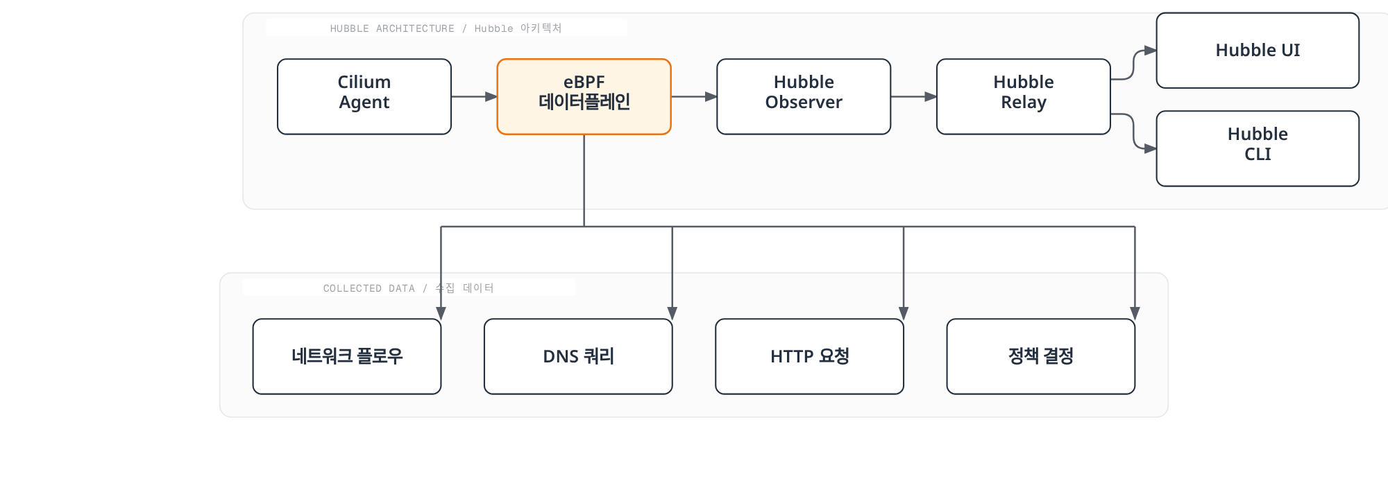 Cilium Agent의 eBPF 데이터플레인에서 Hubble Observer가 네트워크 플로우, DNS 쿼리, HTTP 요청, 정책 결정 데이터를 수집하고 Hubble Relay를 거쳐 UI와 CLI로 제공하는 과정을 보여주는 아키텍처 다이어그램.