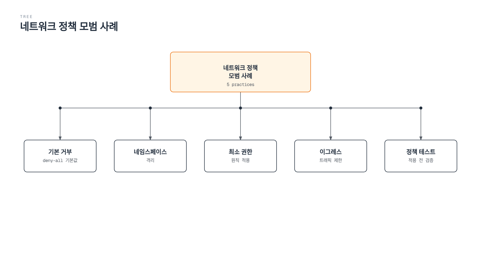 네트워크 정책 모범 사례라는 원칙 하나에서 기본 거부 정책 적용, 네임스페이스 격리, 최소 권한 원칙, 이그레스 트래픽 제한, 정책 테스트라는 다섯 가지 실천 항목이 뻗어나가는 구조를 보여준다.