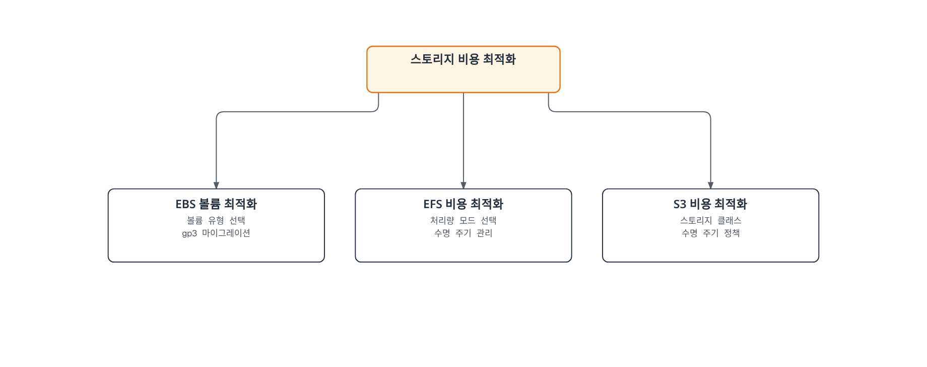 스토리지 비용 최적화가 EBS 볼륨 최적화, EFS 비용 최적화, S3 비용 최적화 세 갈래로 나뉘고 각각 볼륨/스토리지 클래스 선택과 수명 주기 관리로 이어지는 트리 다이어그램