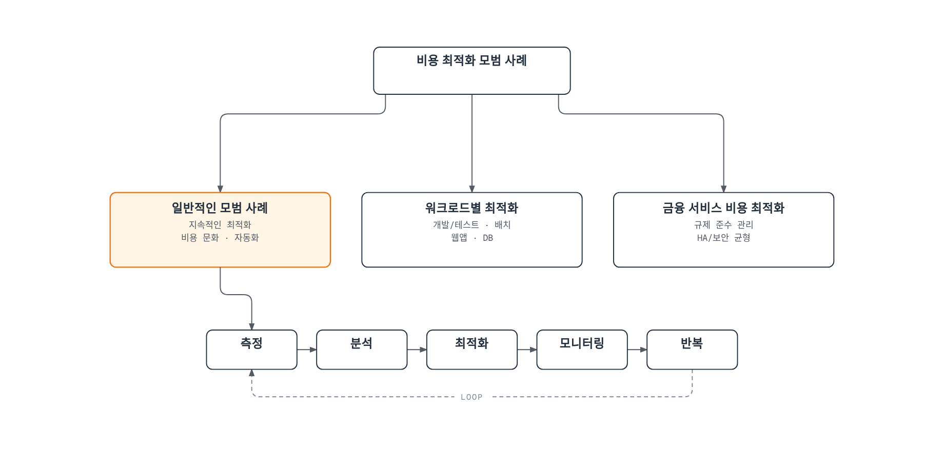 비용 최적화 모범 사례가 일반적인 모범 사례, 워크로드별 최적화, 금융 서비스를 위한 비용 최적화 세 갈래로 나뉘고, 일반적인 모범 사례 아래에는 측정→분석→최적화→모니터링→반복으로 이어지는 지속적 최적화 순환 루프가 있는 트리 다이어그램