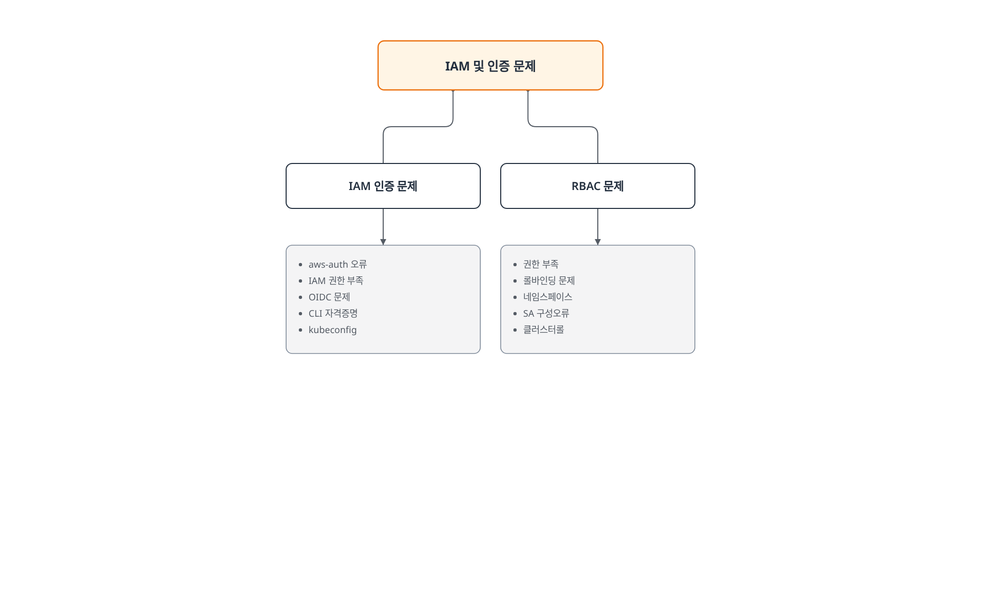 IAM 인증 문제와 RBAC 문제 두 갈래와 각각의 주요 원인을 보여주는 트리 다이어그램.