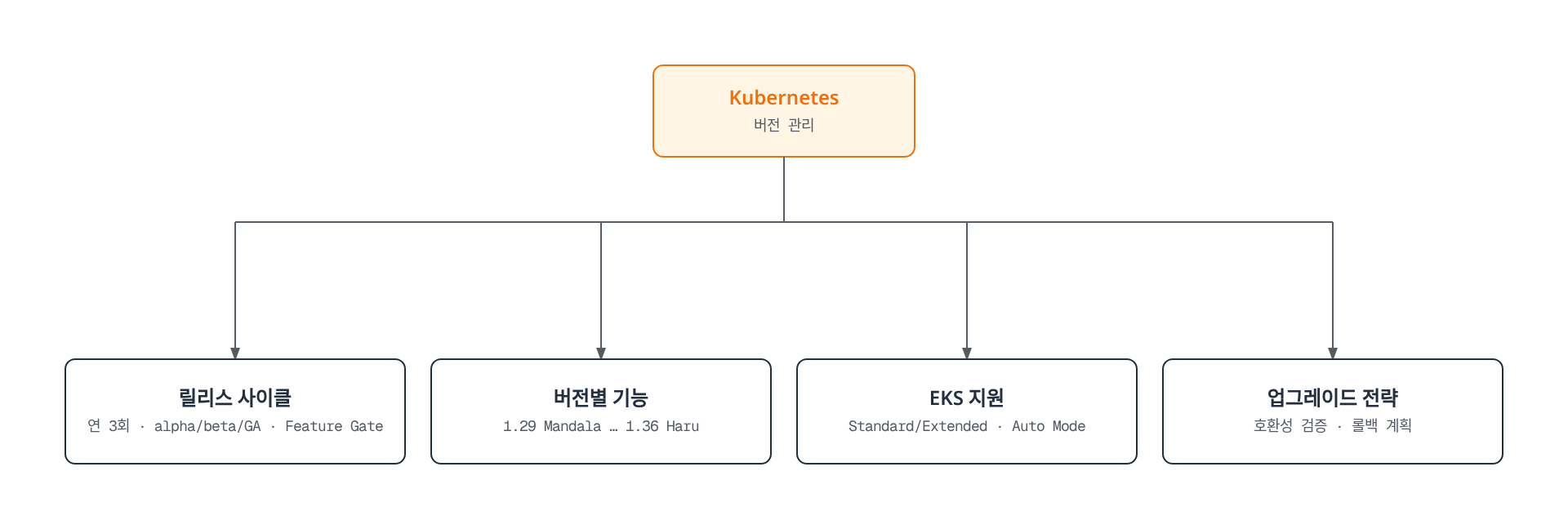 Kubernetes 버전 관리를 중심으로 릴리스 사이클, 버전별 기능, EKS 지원, 업그레이드 전략의 네 가지 관리 축이 뻗어나가는 마인드맵 구조를 보여준다.