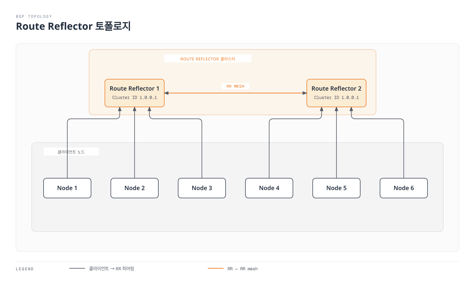 6개의 클라이언트 노드가 각각 자신이 속한 Route Reflector 한 대에만 연결되고, 두 Route Reflector끼리는 서로 mesh로 연결되어, 노드 간 완전 연결 없이도 모든 경로가 전파되는 구조를 보여준다.