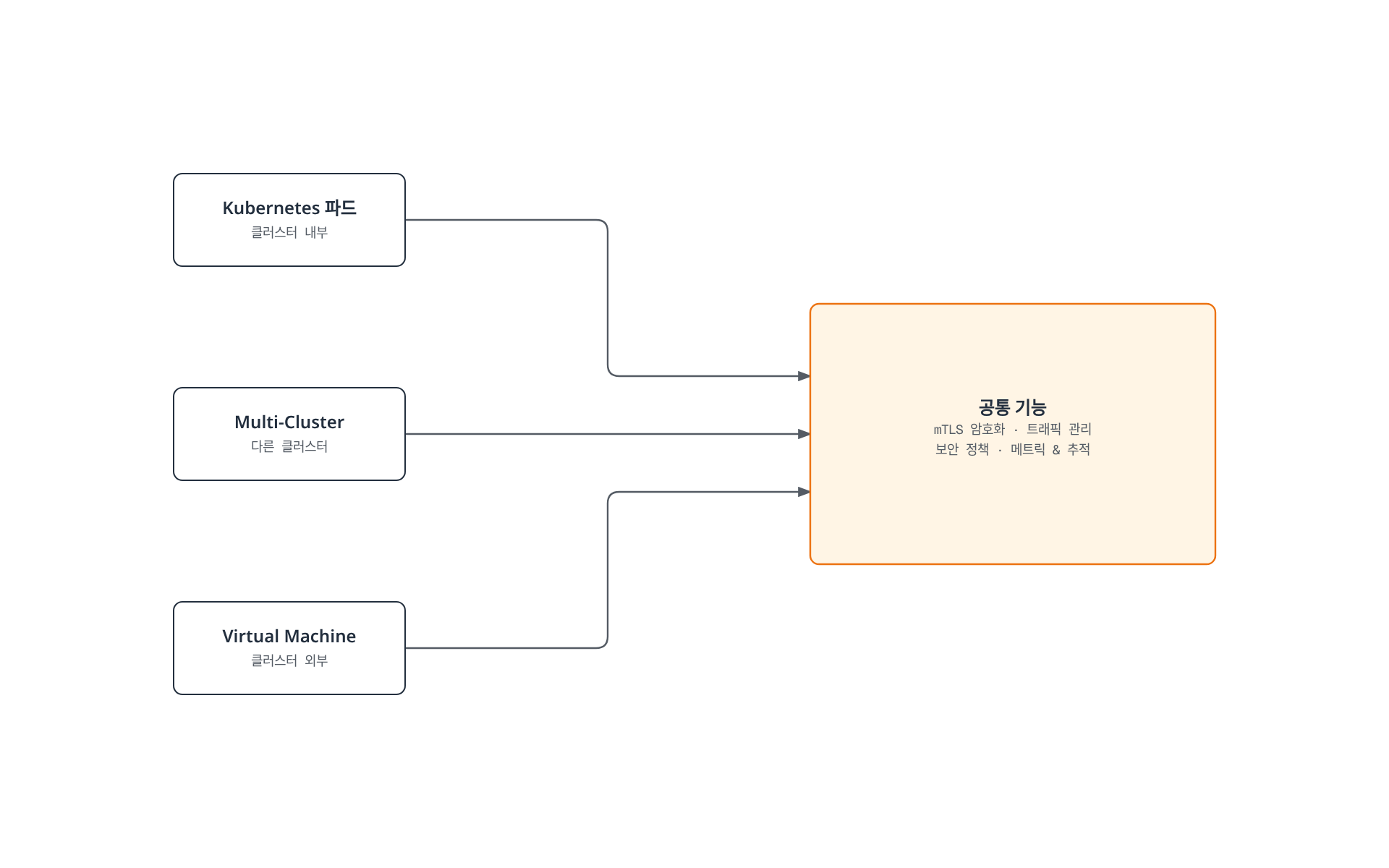 Kubernetes 파드, Multi-Cluster, Virtual Machine이라는 서로 다른 워크로드 유형 모두가 mTLS 암호화, 트래픽 관리, 보안 정책, 메트릭과 추적이라는 동일한 공통 기능을 제공받는다.